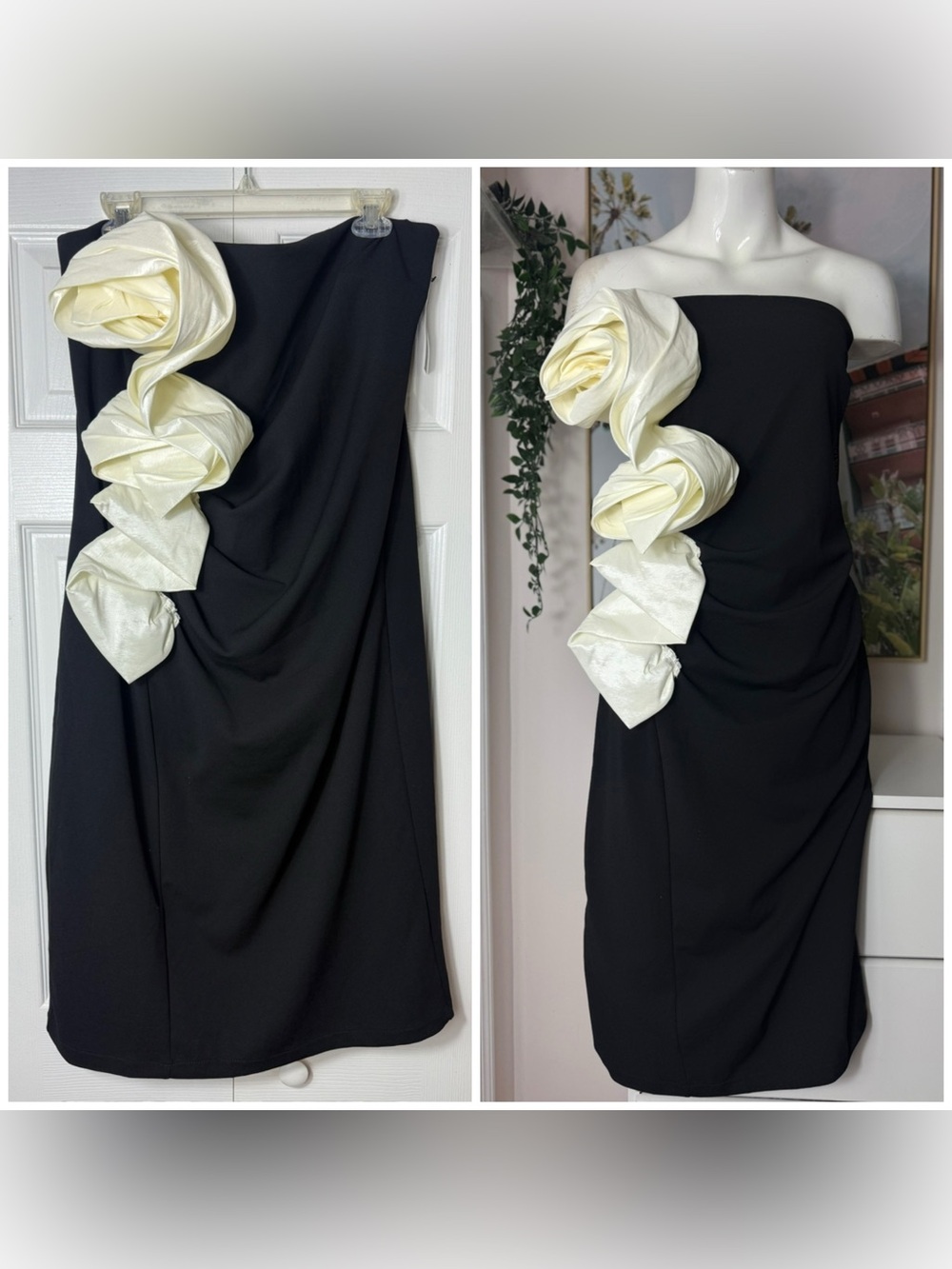 New York & Company Black Cream 3D Rosette Strapless Cocktail Dress Midi XL NWT